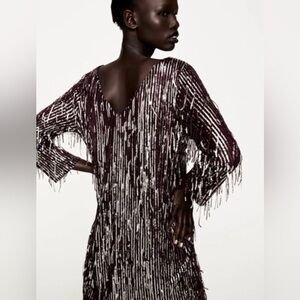 ZARA Sequins Burgundy & Silver Long Sleeve Dress / Size M